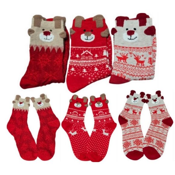 3 Pairs Christmas Unisex Adult Mid-Calf Cozy Snowflake & Reindeer Knit Socks NEW - Picture 1 of 16